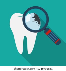 Cracked tooth with magnifier icon. Vector Illustration. Decay and destroy tooth or dental caries