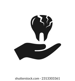 Perro agrietado en la mano. Dolor de dientes, ícono plano de cuidado dental aislado en fondo blanco. Ilustración del vector