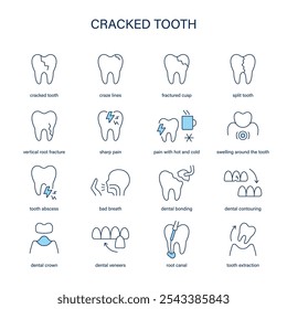 Cracked Tooth symptoms, diagnostic and treatment vector icon set. Medical icons.