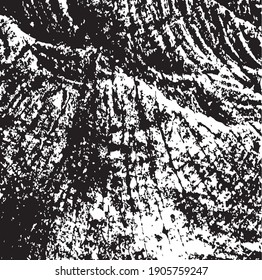 Cracked tree trunk. Aged tree. White design elements on black colour background, vector illustration. 