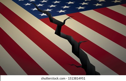 Cracked US flag, USA political crisis, vector illustration