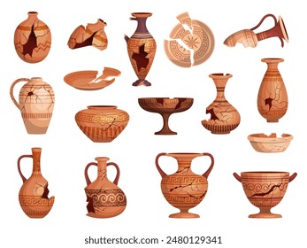 Cracked utensils. Ancient damaged clay ceramics pots recent vector cartoon pictures