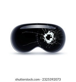 Cracked VR vision pro glasses. Broken damaged virtual reality headset. Realistic 3D vector Illustration.