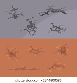 Muro roto después de que se pusieran en marcha las ilustraciones vectoriales del terremoto. Diferentes texturas de rajadura en tierra y terreno dividido, fracturas en tierra o superficie de hormigón. Desastres naturales, daños, concepto de destrucción