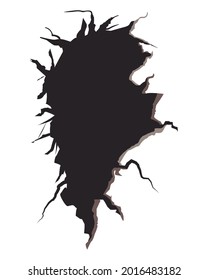 Cracked wall with black hole on white background