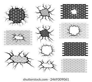 Pared agrietada, Diseño de pared rota, Agujero en la pared, ladrillo roto 