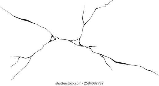 Cracked wall. Damage surface crack and fissure in ground, concrete, crevices from disaster silhouette breaks on land surface from earthquake isolated on white background. Broken ground