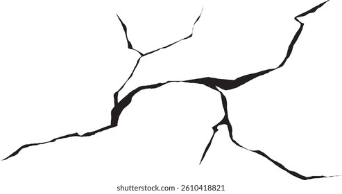 Cracked wall. Damage surface crack and fissure in ground, concrete, crevices from disaster silhouette breaks on land surface from earthquake isolated on white background. Broken ground	
