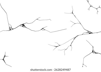 Cracked wall. Damage surface crack and fissure in ground, concrete, crevices from disaster silhouette breaks on land surface from earthquake isolated on white background. Broken ground