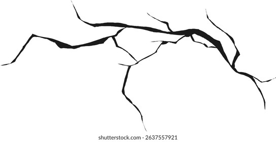 Cracked wall. Damage surface crack and fissure in ground, concrete, crevices from disaster silhouette breaks on land surface from earthquake isolated on white background. Broken ground