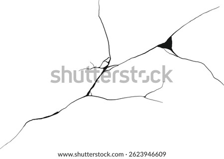 Cracked wall. Damage surface crack and fissure in ground, concrete, crevices from disaster silhouette breaks on land surface from earthquake isolated on white background. Broken ground