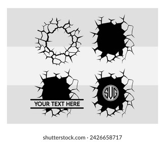 Cracked Wall, Monogram, Cracked Wall Silhouette, Hole, Cracks, Wall Crack, Cracked Wall Split Monogram, Vector, Clipart, 