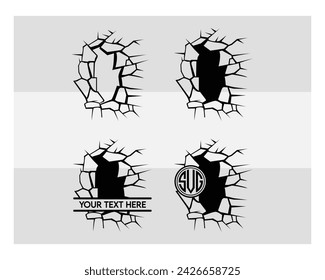 Cracked Wall, Monogram, Cracked Wall Silhouette, Hole, Cracks, Wall Crack, Cracked Wall Split Monogram, Vector, Clipart, 