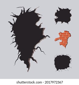 Cracked wall symbol set on blue background