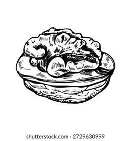 Nussbaum gerissen monochrom, einzelne Vektorgrafik. Teilgeschälte Trockenmutterätzzeichnung. Gesunde Bio-Lebensmittelzutaten für kulinarische Blogs, Kochbücher, Rezepte.