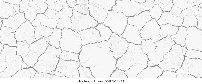 Cracked white background with a dry, textured style. The white background resembles parched earth with a rugged, cracked appearance. Dry cracked soil texture background. White background vector.