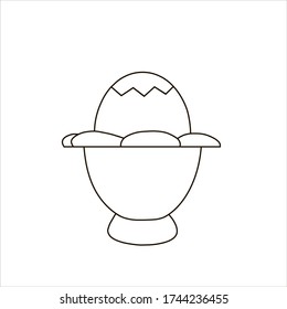Cracked white chicken egg in egg ceramic stand, Vector illustration isolated on white background. Outline drawing. Black contour.