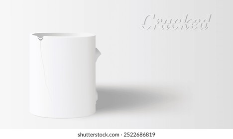 Caneca branca rachada com sombra e texto "rachado", sobre fundo branco. Criar plano de fundo. Ilustração.