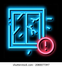 ventana rota debido a un vector de señal de neón de terremoto. Icono brillante que resplandece la ventana agrietada debido a la señal del terremoto. ilustración de símbolo transparente