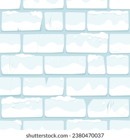 Cracked Winter Castle Wall Covered With Snow, Seamless Texture. Cartoon White Bricks Asset for Game, Design, UI, Textile or Wrapping Paper