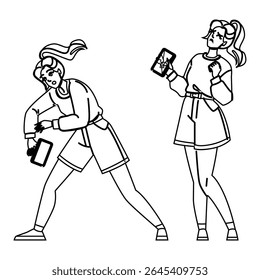 rachada mulher quebrado vetor telefone. correção de substituição, seguro quebrado, proteção de garantia rachada mulher quebrado personagem telefone. pessoas linha preta lápis desenho ilustração