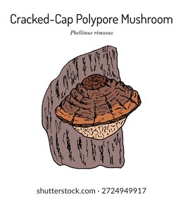 Cracked-cap polypore mushroom (Phellinus rimosus), medicinal plant. Hand drawn botanical vector illustration