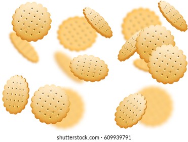 Cracker biscuit seamless background isolated on white. Defocused cookies elements.