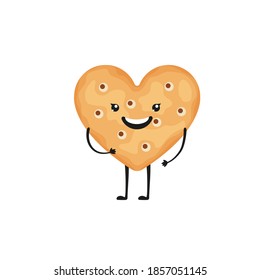 Cracker character. Funny biscuit cookie in cartoon style. Smiling chips, snack of heart shape isolated on white background. Vector illustration