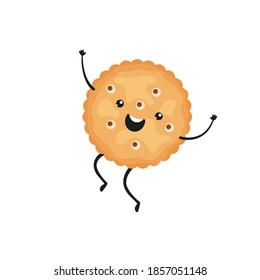 Cracker character. Funny biscuit cookie in cartoon style. Smiling chips, snack of circle shape isolated on white background. Vector illustration