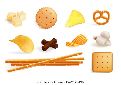 Cracker cookie, chips, crouton and candy snack set