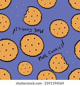 Cracker cookies with bitten one and lettering more cookies seamless pattern purpule background