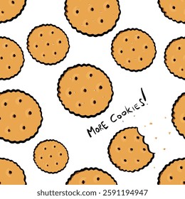 Cracker cookies with bitten one and lettering more cookies seamless pattern white background