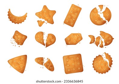 Las migajas se ponen. Galletas rotas galletas galletas cracker comida, caricaturas rotas crackers de diferentes formas y tamaños. Colección aislada de vectores de galletas de alimentos e ilustración de galletitas