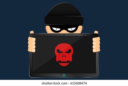 Cracker and hacker is holding in his hand a hacked modern electronic tablet with a red skull on the screen. The swindler in a black dark mask hides his face. Cap on the head. Flat style illustration