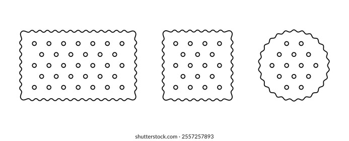 Cracker icons. Biscuit cookies in rectangle, square and round shapes. Kids crunchy snacks isolated on white background. Vector graphic illustration.