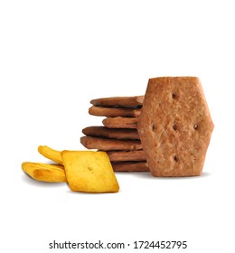 Cracker low poly. Cookies on white background. Delicious pastry. Chocolate chip cookies. Vector illustration. Crackers ingredients in triangulation technique.