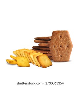 Cracker low poly. Cookies on white background. Delicious pastry. Chocolate chip cookies. Vector illustration. Crackers ingredients in triangulation technique.