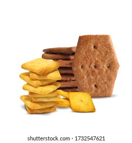 Cracker low poly. Cookies on white background. Delicious pastry. Chocolate chip cookies. Vector illustration. Crackers ingredients in triangulation technique.