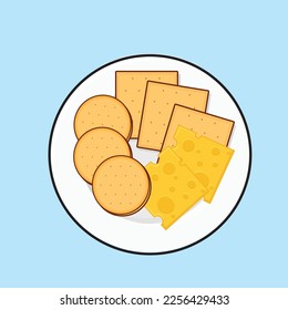 crackers biscuit with cheese in a plate. biscuits snack with cheese on the plate.  cookie snack vector. slice cheese. crackers biscuit vector logo icon design illustration