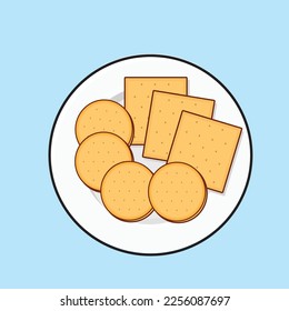 galletas en un plato. bocadillo de galletas en el plato.  vector de refrigerio de cookie. crackers biscuit vectorial logo icono ilustración