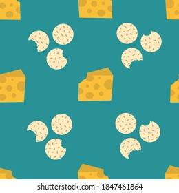 Galletas y queso de fondo verde. Muestra un patrón vectorial de repetición sin fisuras.