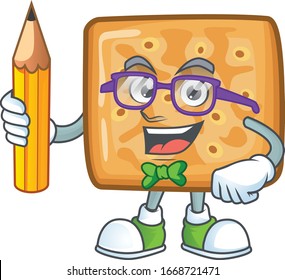 Crackers clever student character using a pencil