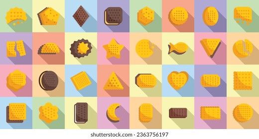 Crackers icons set flat vector. Cookie snack. Square food