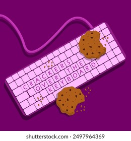 Crackers Over The Keyboard Day event banner. Two cookies and their crunchy mess on top of a purple keyboard on dark purple background to celebrate on August 28th