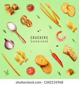 Galletas y bocadillos con diferentes formas y aditivos aromatizantes sobre fondo verde Ilustración vectorial realista