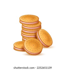 Crackers stack. Realistic sweet sandwich crackers with pink cream layer, strawberry flavor biscuits, crispy pastries, sugar snack, 3d isolated composition, utter vector concept