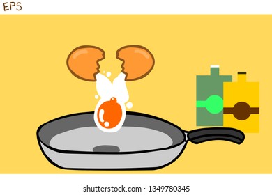 cracking egg  in to the pan for breakfast in cartoon style