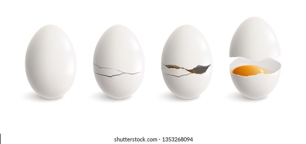 Cracking egg realistic icon set white egg and four steps of crackling vector illustration