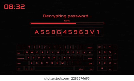 Cracking password interface with keyboard. Hacker vector HUD.