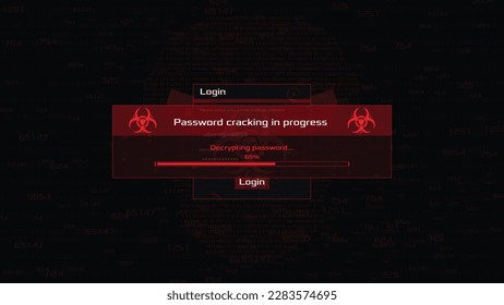 Cracking password in progress pop up. Hacking login screen. Vector password hacking HUD. 
